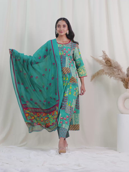 Soft Cotton Abstract Flared Green Kurta