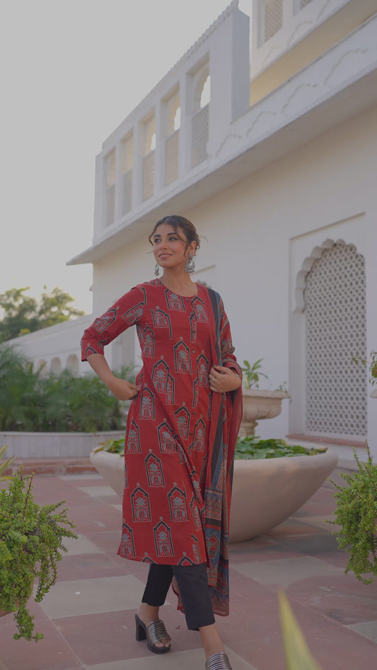 Soft Cotton Mughal Print A-line Rust Kurta