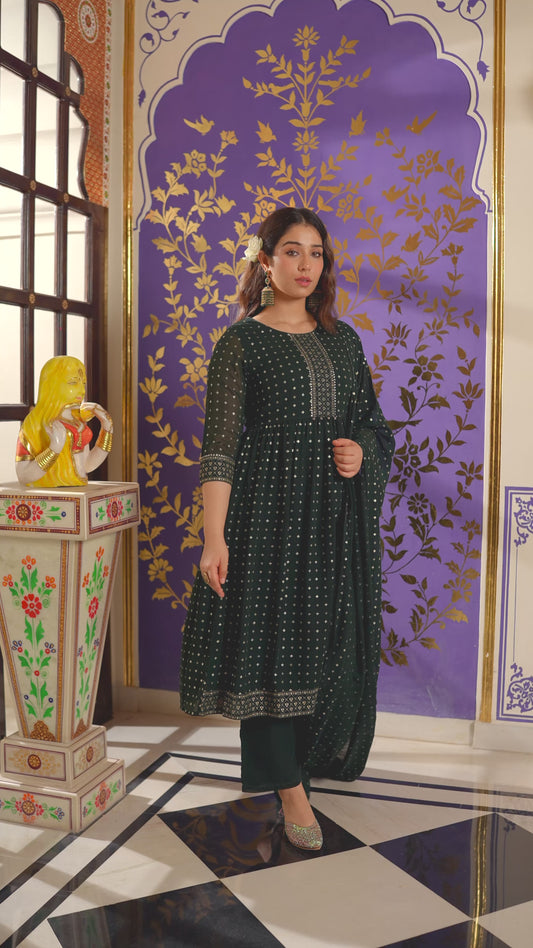 Georgette Gold foil A-line Green Kurta