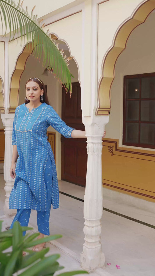Soft Cotton Bandhani Straight Blue Kurta