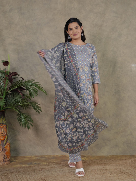 Soft Cotton Floral Straight Grey Kurta