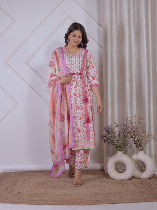 Embroidered Soft Cotton Floral Kalidar Off White Kurta
