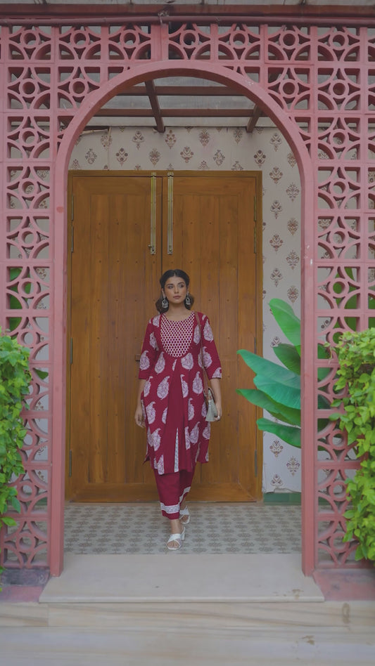 Embroidered Soft Cotton Floral A-line Maroon Kurta