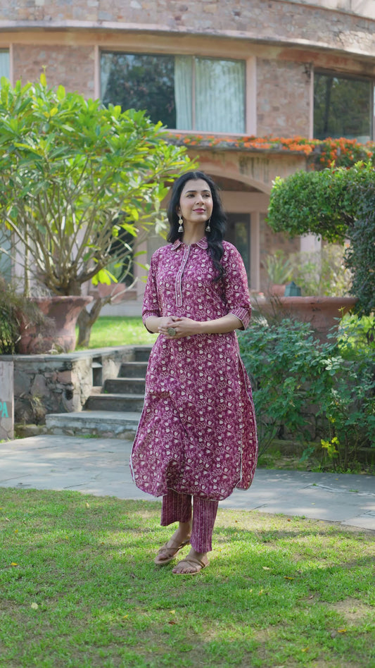 Soft Cotton Floral Pathani Purple Kurta