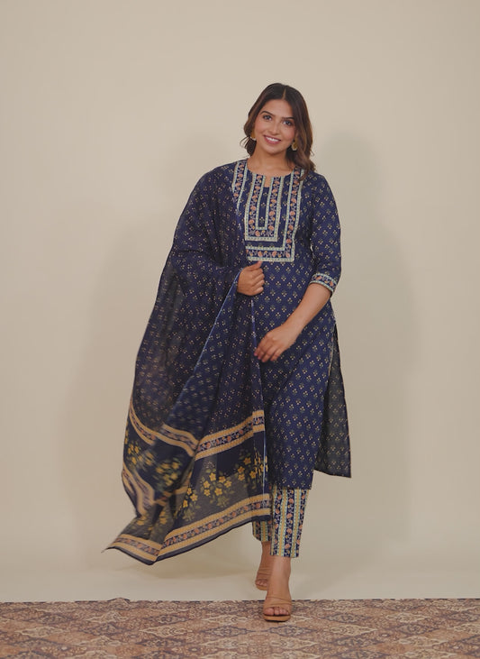 Embroidered Soft Cotton Butti Straight Blue Kurta