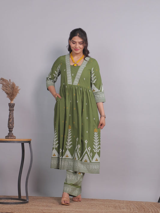 Soft Cotton Geometric Anarkali Green Kurta