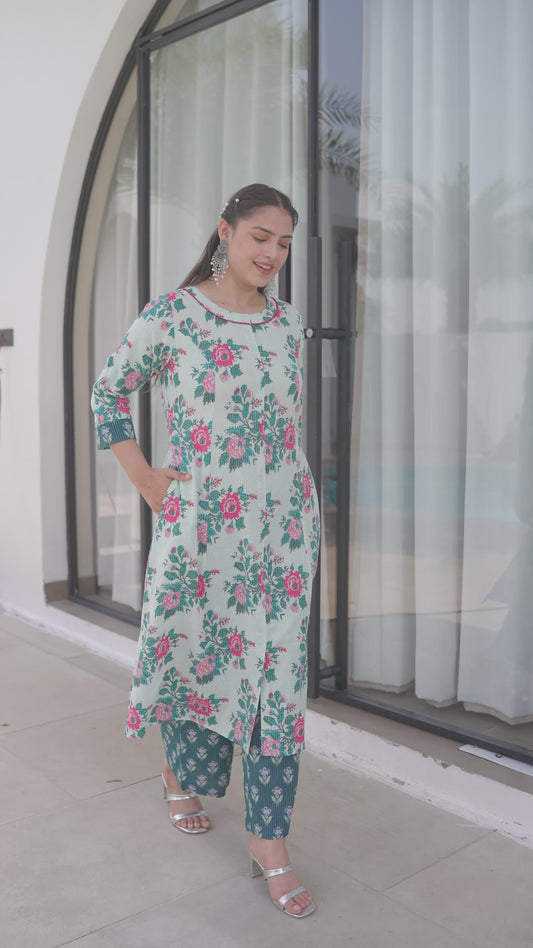 Kantha Cotton Floral Flared Off White Kurta