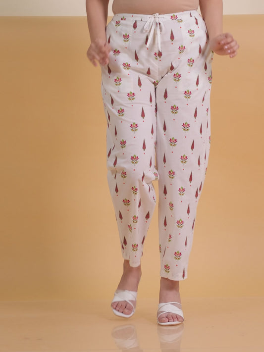 Soft Cotton Floral Off White Tapered Trousers