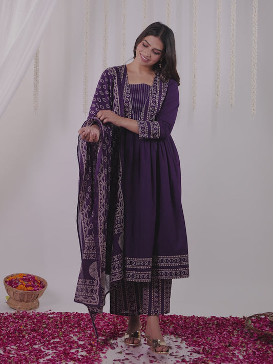 Soft Cotton Bandhani Anarkali Purple Kurta