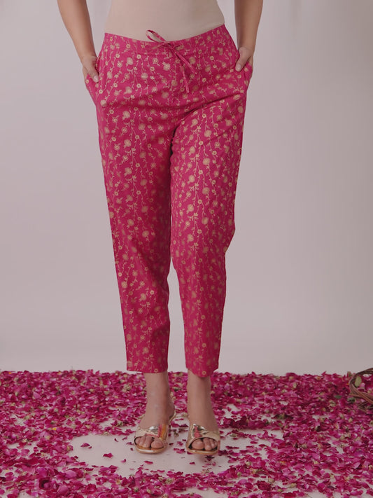 Soft Cotton Gold Print Pink Tapered Trousers