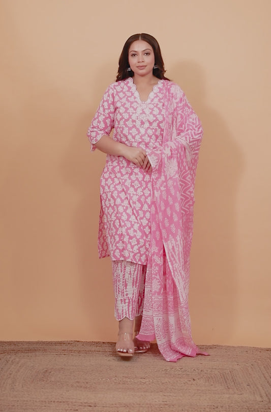 Embroidered Soft Cotton Floral Straight Pink Kurta