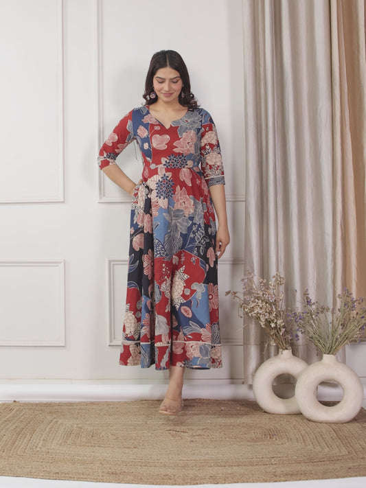 Soft Cotton Floral Anarkali Multicoloured Dress