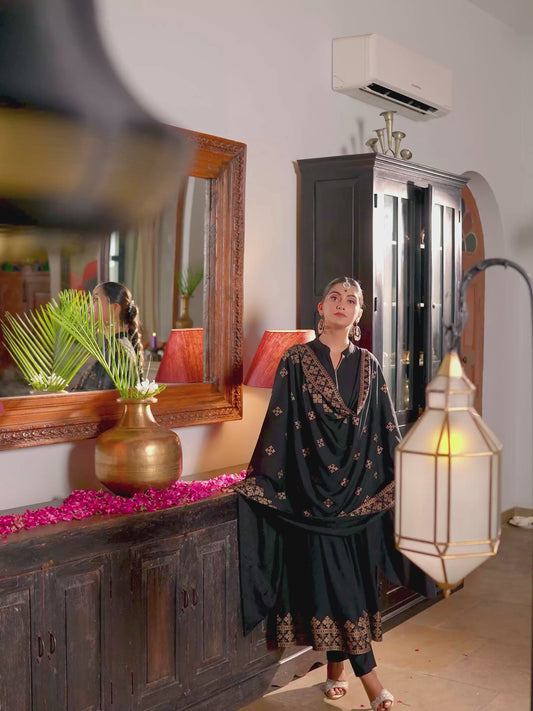 Viscose Gold foil Anarkali Black Kurta