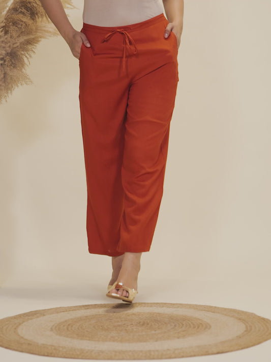 Viscose Solid Orange Straight Trousers