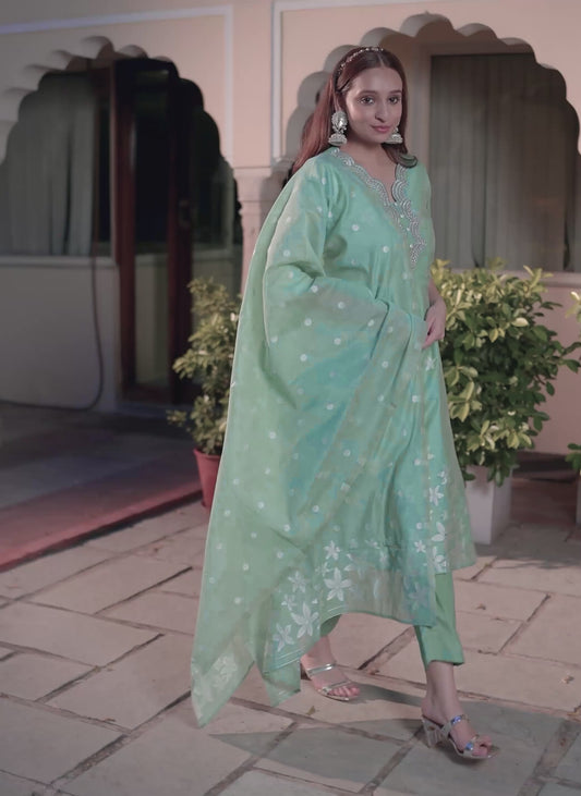 Embroidered Chanderi Floral Straight Green