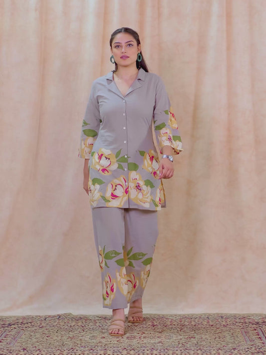 Soft Cotton Placement Print Straight Grey Kurta
