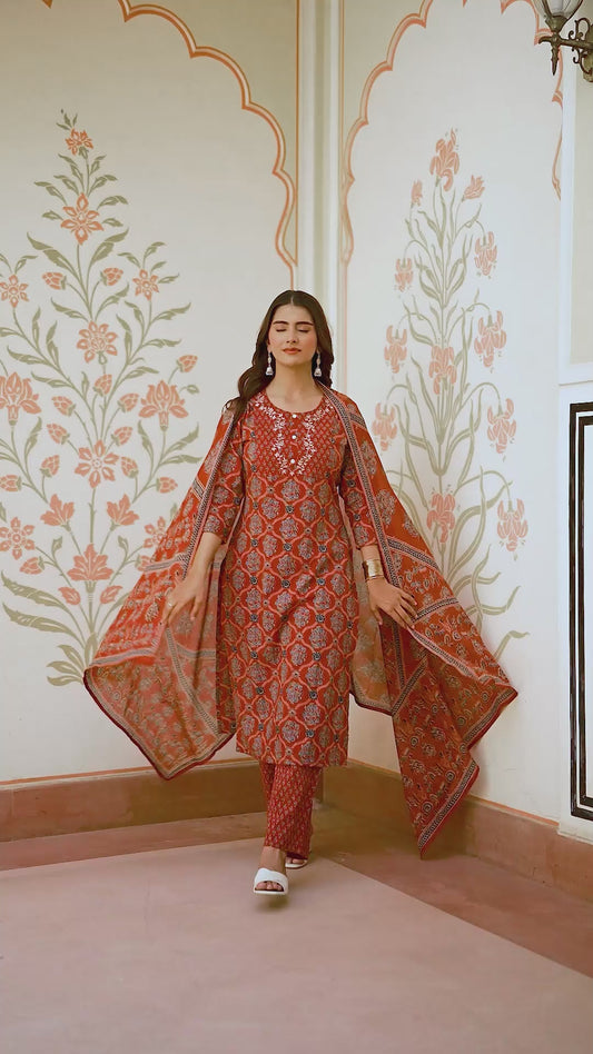 Embroidered Soft Cotton Geometric Straight Rust Kurta