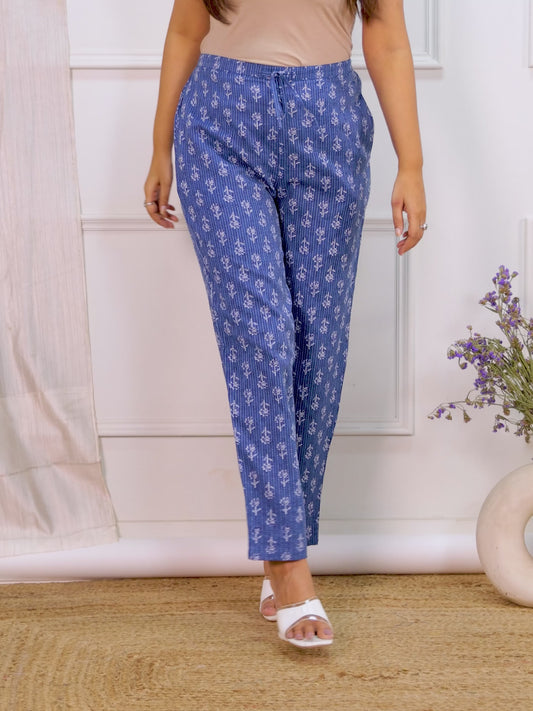 Kantha Cotton Floral Blue Tapered Trousers