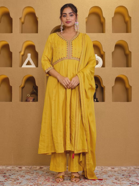 Embroidered Lurex Cotton Solid Yellow Kurta