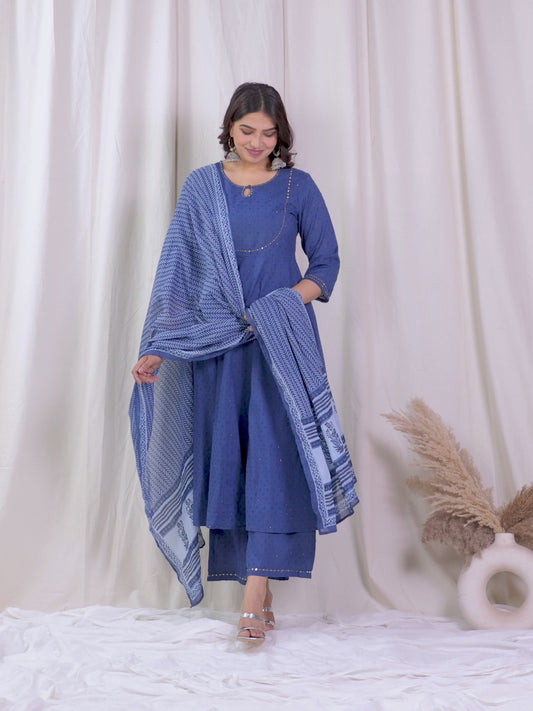 Embroidered Textured Cotton Woven Design Anarkali Blue Kurta