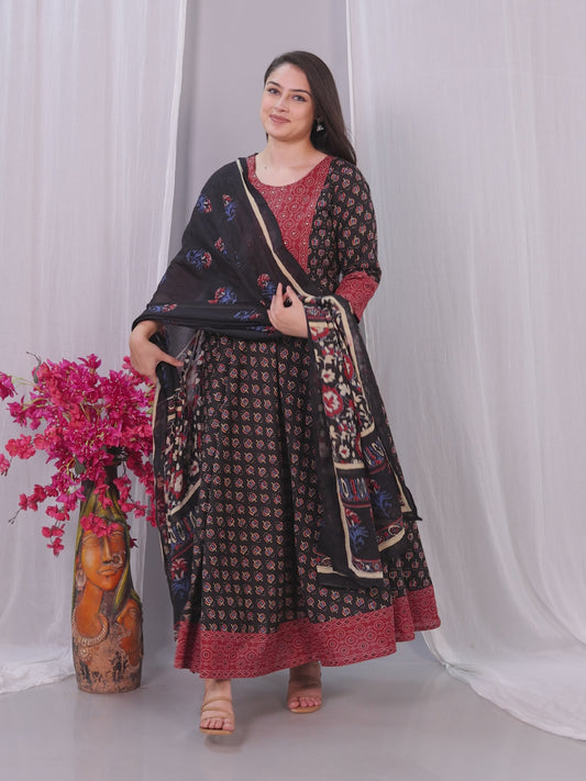 Embroidered Soft Cotton Block Print Anarkali Black Kurta