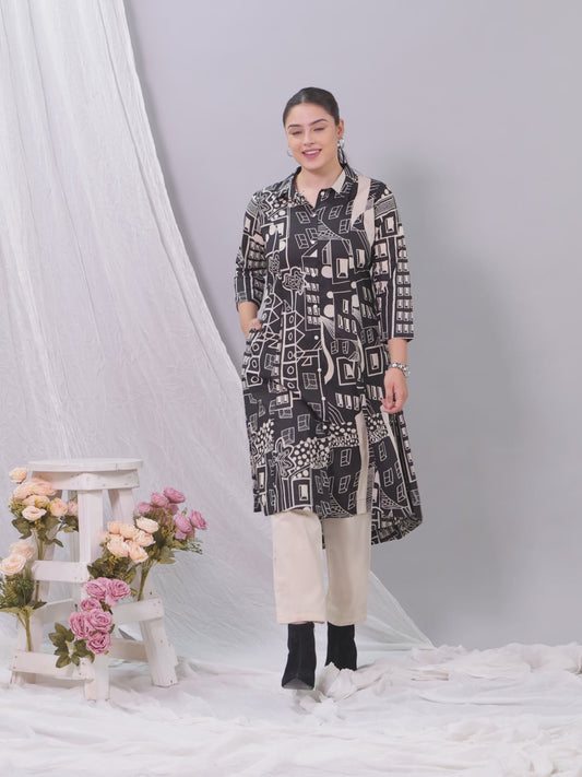 Soft Cotton Geometric High Low Black Kurta