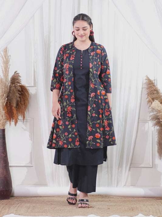Soft Cotton Solid A-line Black Kurta