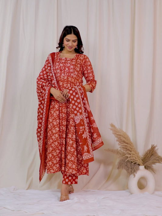 Soft Cotton Floral Flared Rust Kurta