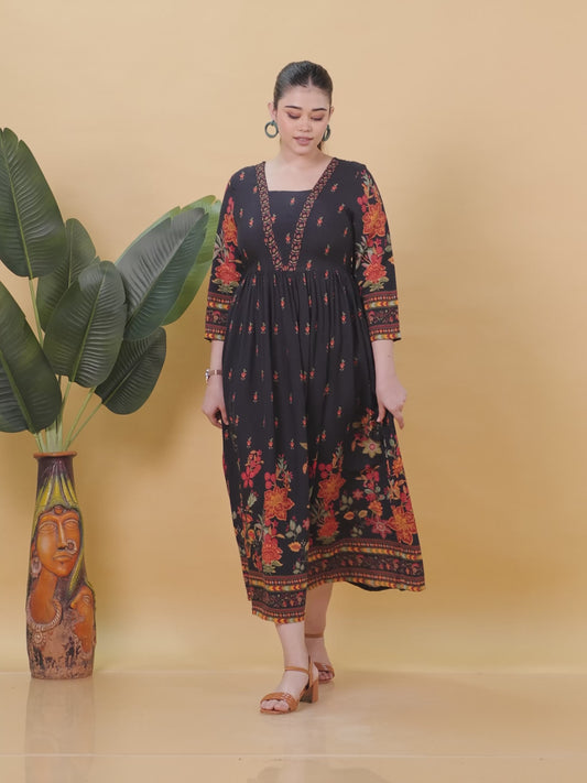 Viscose Placement Print Flared Black Dress