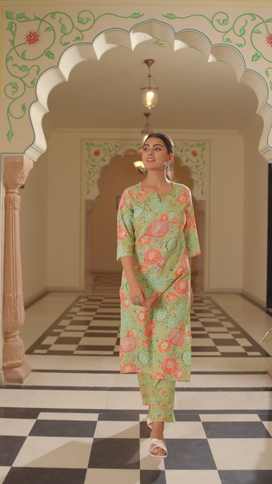 Embroidered Soft Cotton Floral Straight Green Kurta