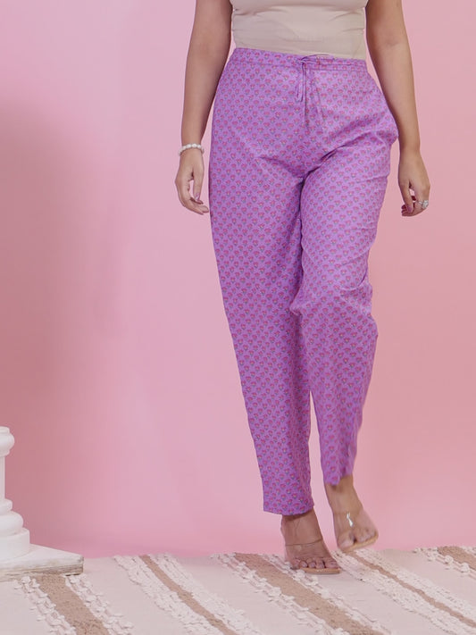 Soft Cotton Floral Purple Tapered Trousers