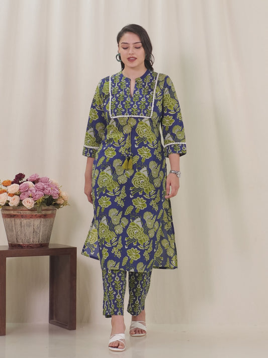Soft Cotton Floral Straight Blue Kurta