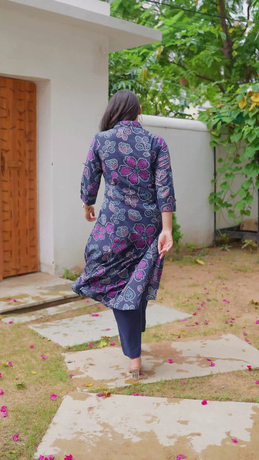 Soft Cotton Bandhani High Low Blue Kurta