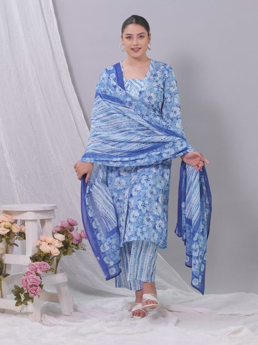Soft Cotton Floral Straight Baby Blue Kurta