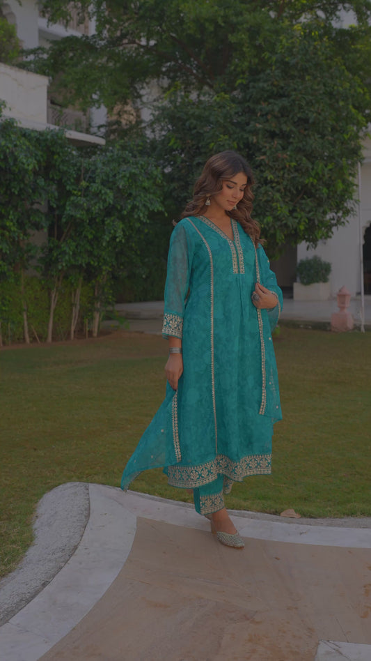 Embroidered Organza Floral Turquoise Blue Kurta