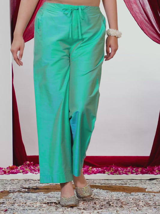Blended Silk Solid Turquoise Straight Trousers