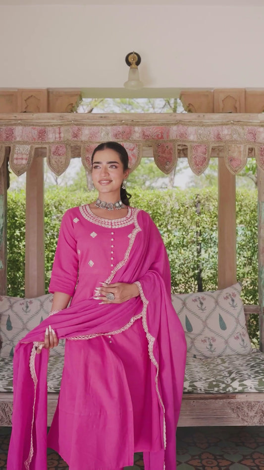 Linen Cotton Solid Anarkali Pink Kurta