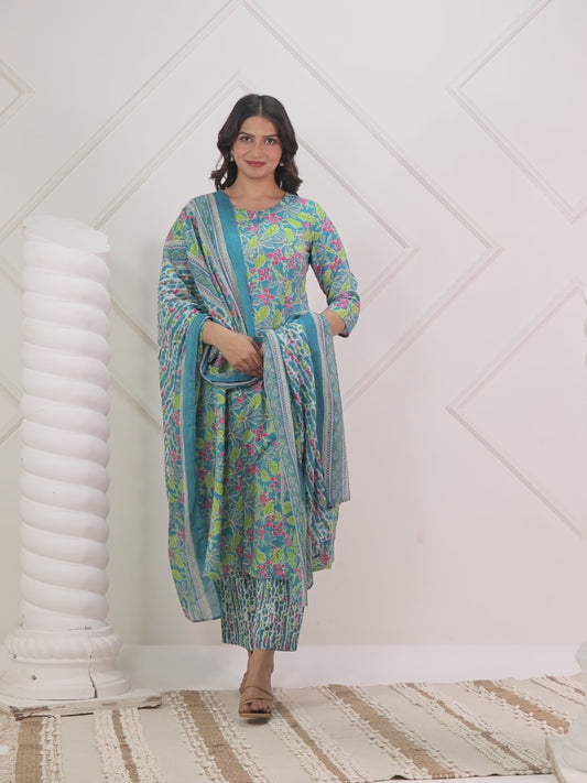 Soft Cotton Floral A-line Blue Kurta