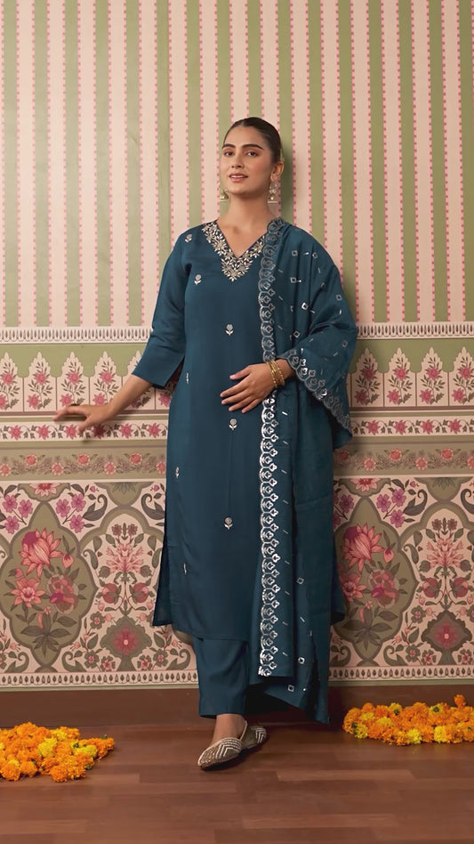 Embroidered Chanderi Solid Straight Blue Kurta