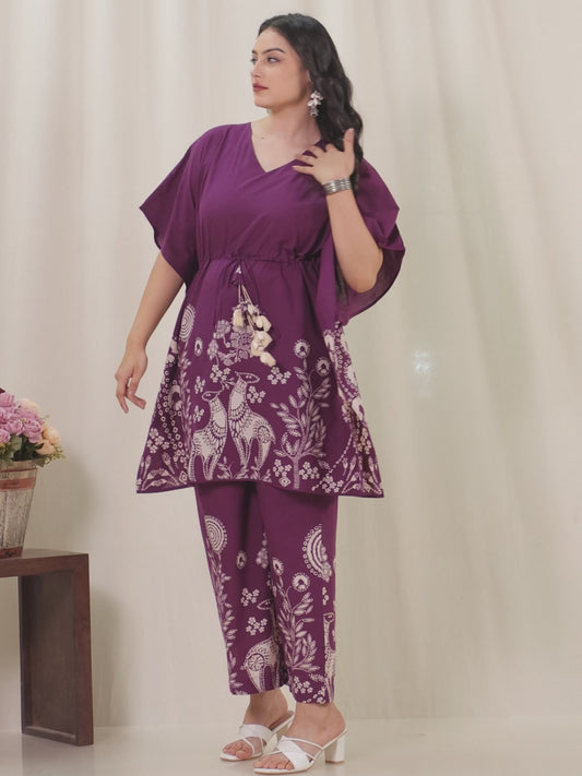 Soft Cotton Placement Print Straight Wine Kurta