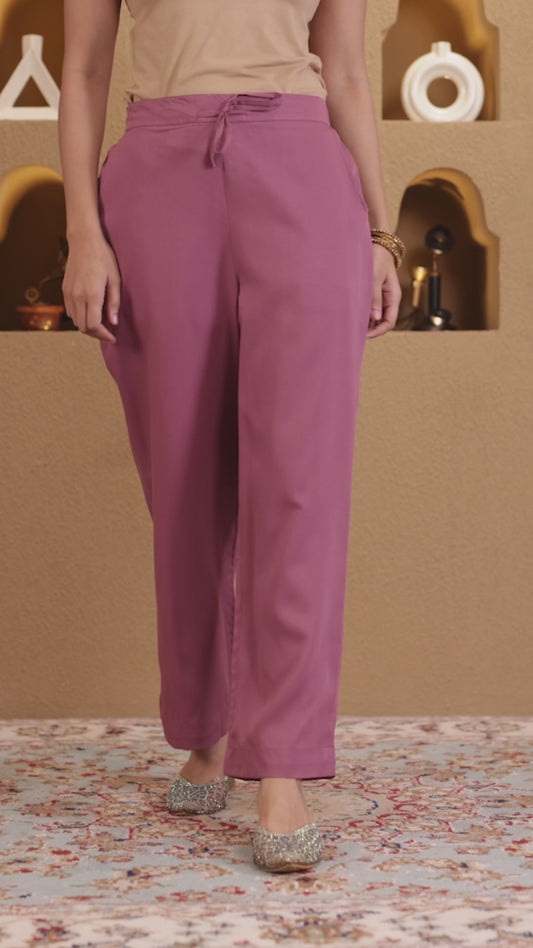 Crepe Solid Purple Straight Trousers