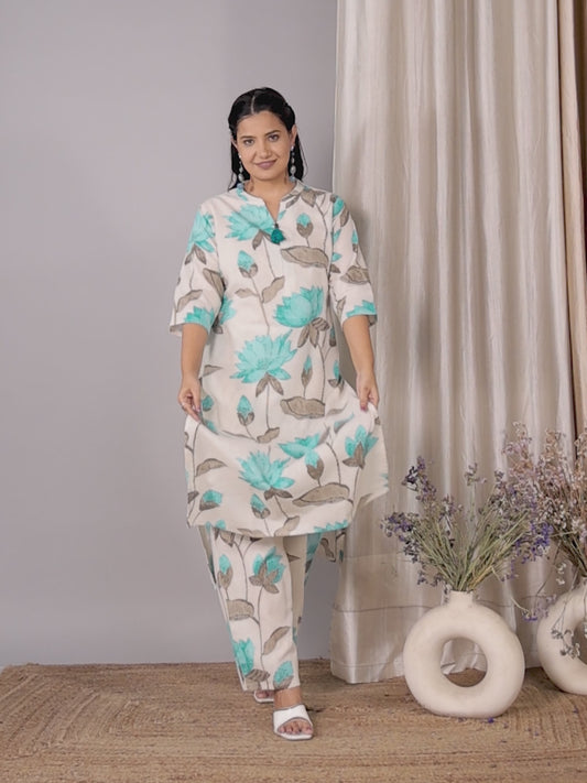 Linen Cotton Floral Straight Off White Kurta