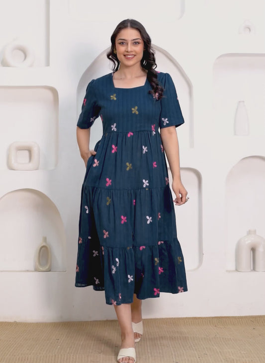 Embroidered Cotton Dobby Solid Anarkali Navy Blue Dress