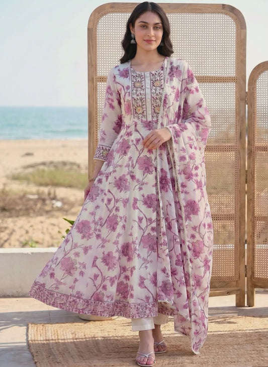 Soft cotton Floral Anarkali Off White Kurta