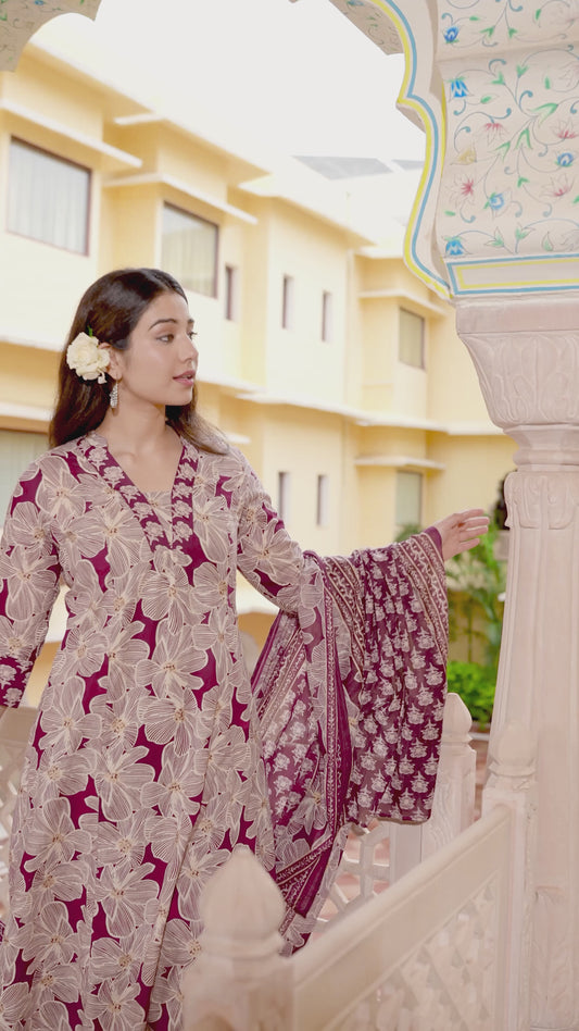 Soft Cotton Floral Flared Beige Kurta