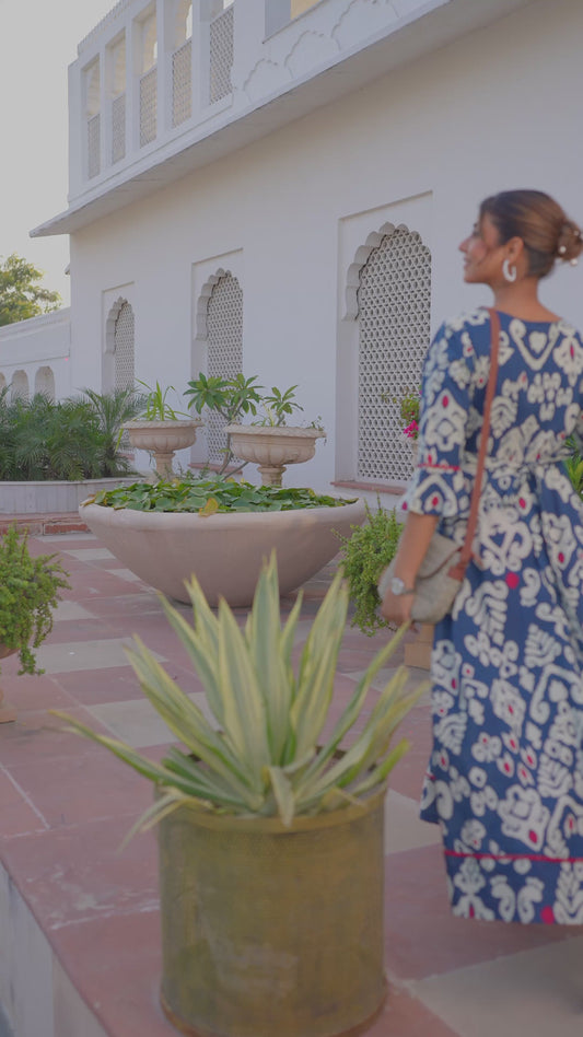 Soft Cotton Ikat Anarkali Navy Blue Dress