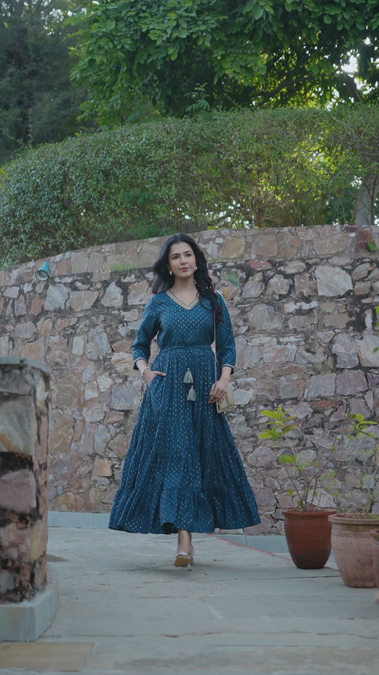 Chanderi Gold foil Anarkali Blue Dress