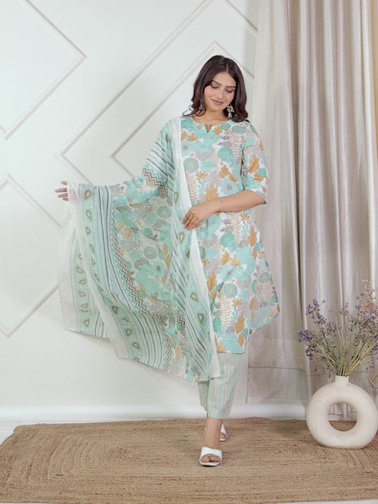 Soft Cotton Floral Straight Teal Kurta