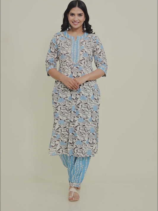 Soft Cotton Floral Straight Cream Kurta