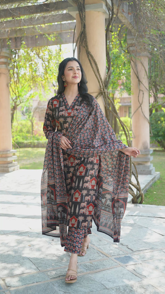 Soft Cotton Mughal Print Straight Black Kurta